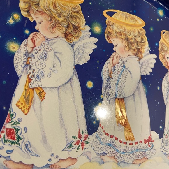 Christmas tray angels tin blue white reflective gold oval adorable - Picture 3 of 9